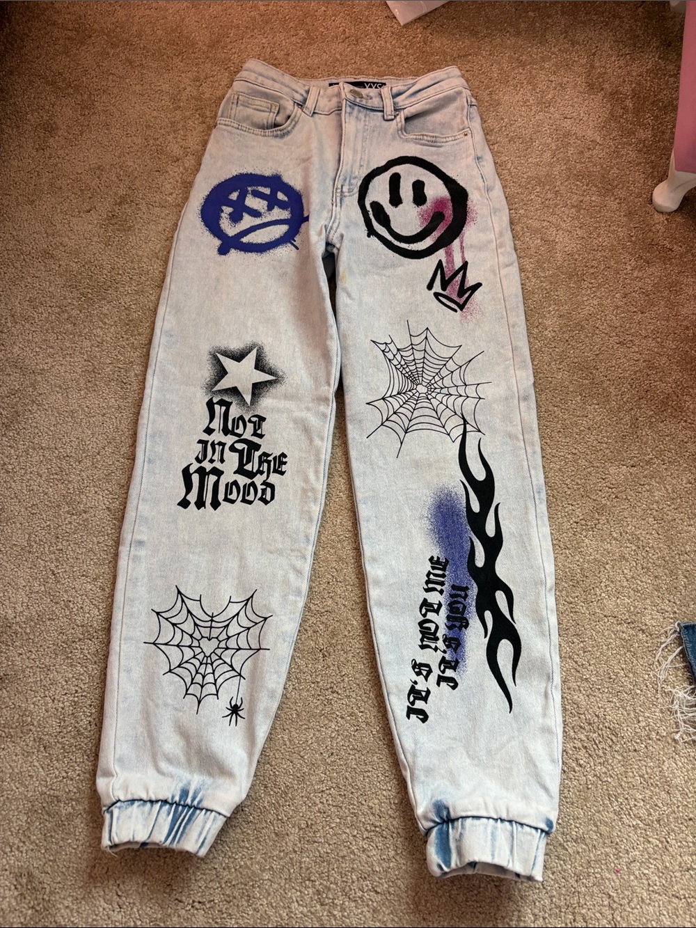 Light Wash Graphic Wide Leg Jeans - Artistic Print
